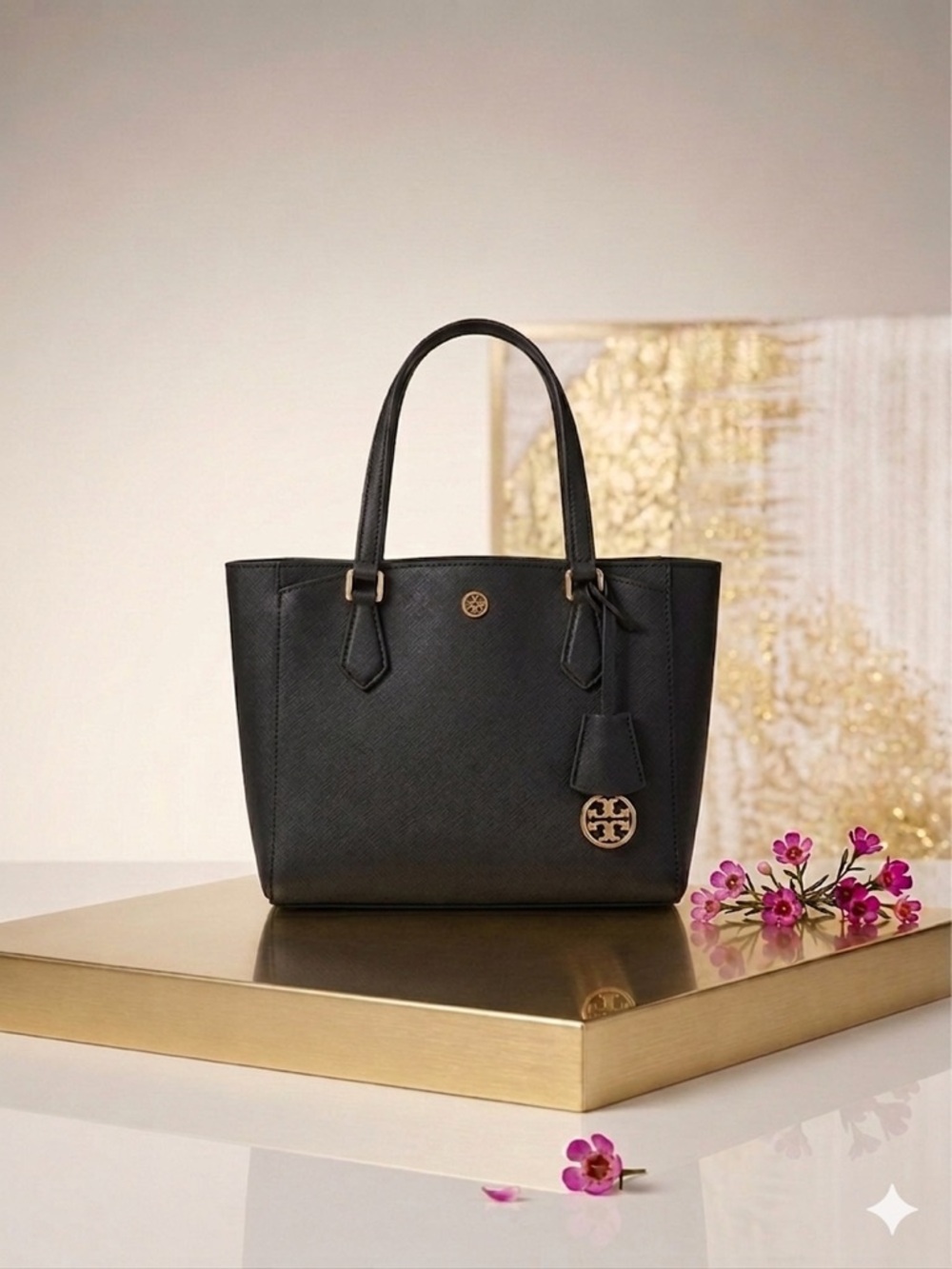 Tory Burch Black Leather Tote with Gold Logo Charm and Endless Compartments